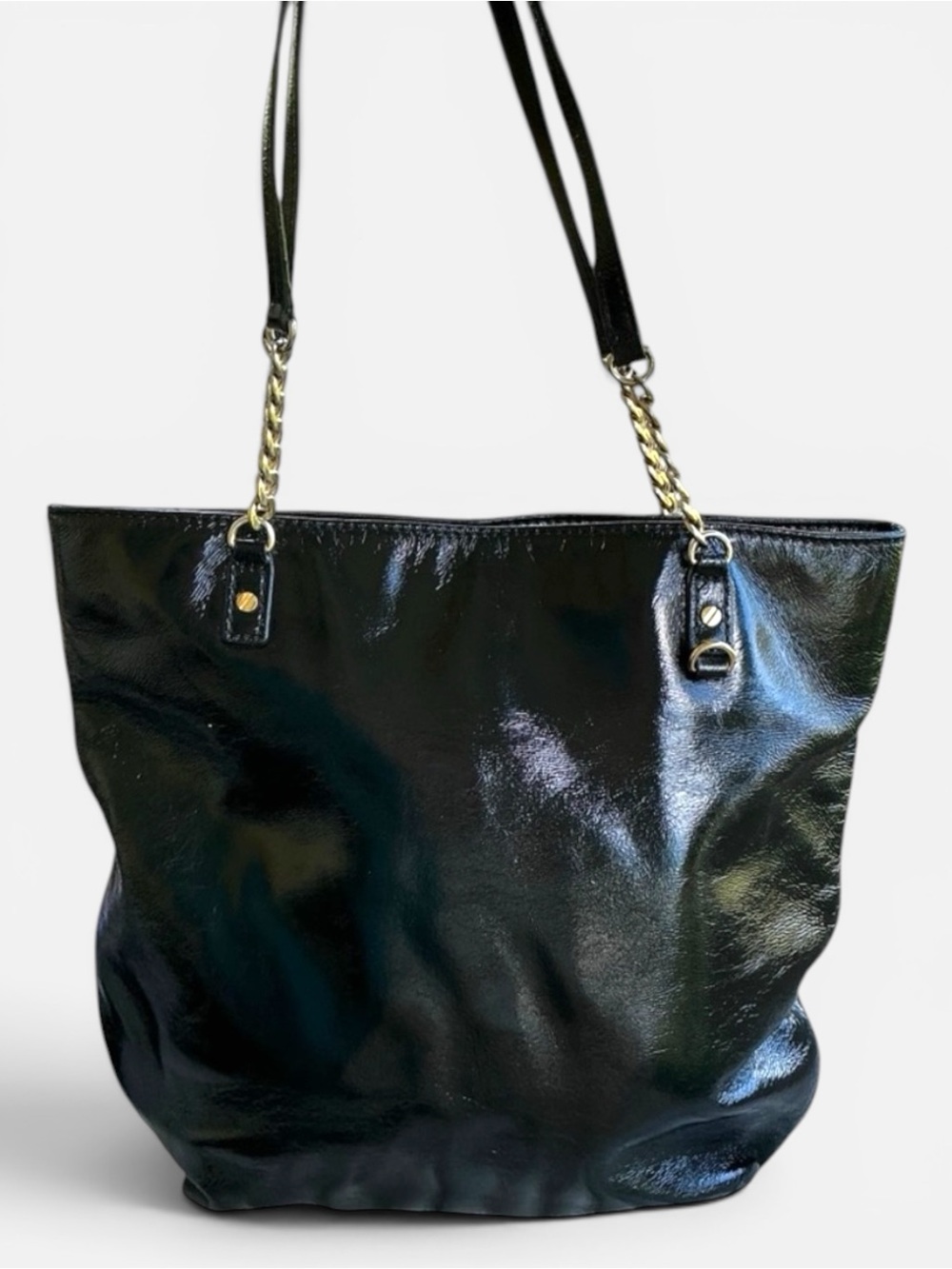 Michael Kors Black Patent Leather Chain Strap Tote Shoulder Purse